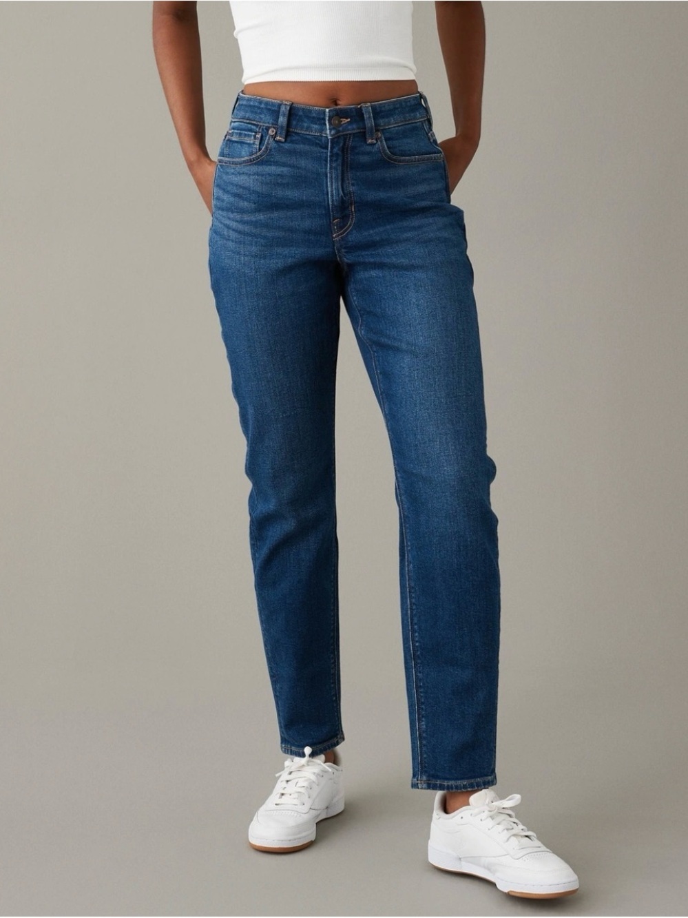 American Eagle Medium Blue Classic Stretch High Rise Straight Mom Jeans Long